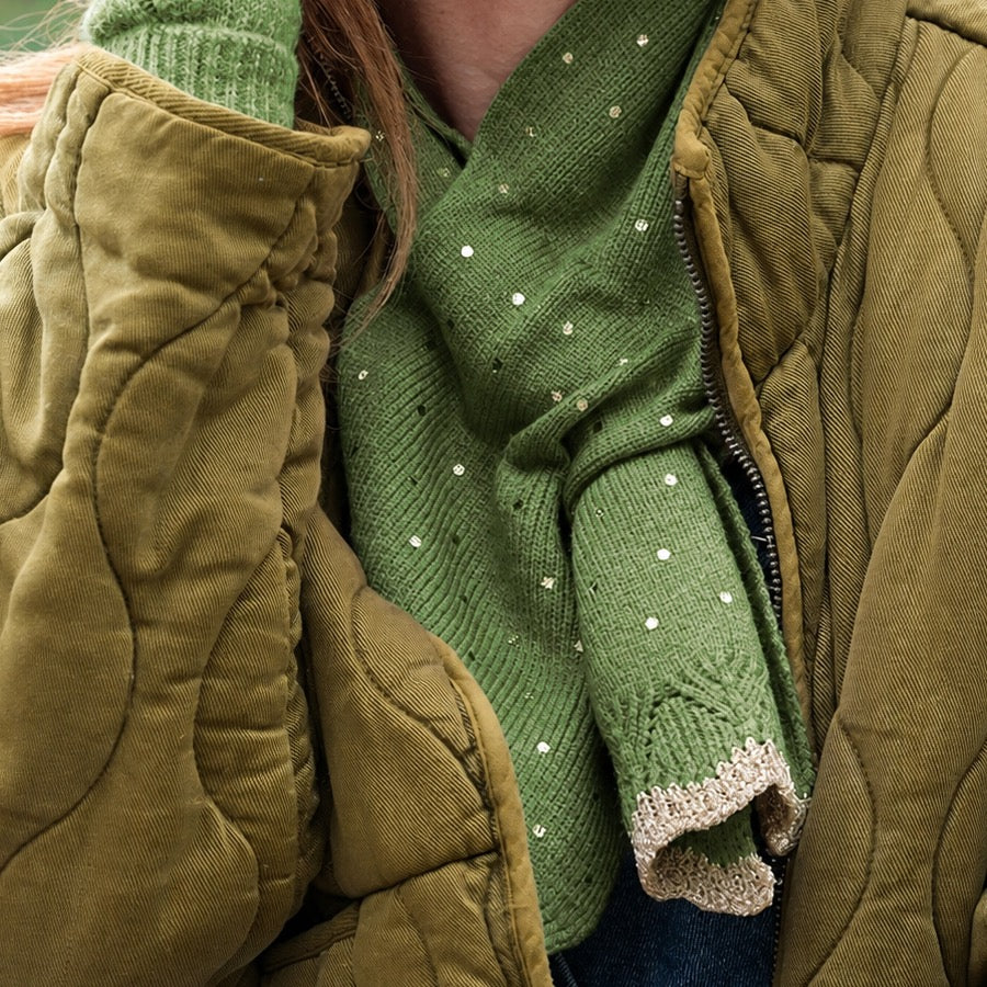 POM - Yasmin - Forest Green Metallic Spot - Knit Pull Through Crossover Scarf