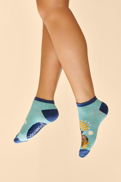 Powder Hedgehog Hunting in Leaves Ladies Trainer Socks - Blue