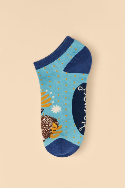 Powder Hedgehog Hunting in Leaves Ladies Trainer Socks - Blue