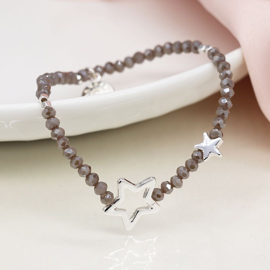 POM Grey Beaded Stretch Bracelet with Silver Plated Solid & Open Stars