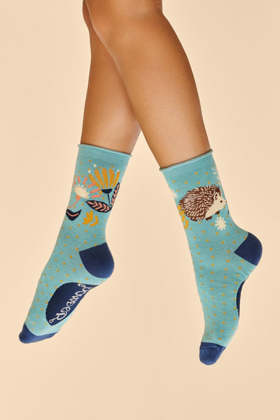 Powder Hedgehog Hunting in Leaves Ladies Ankle Socks - Ice