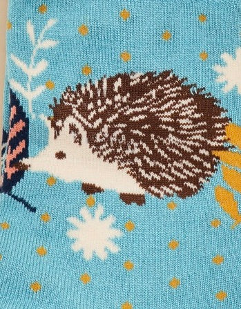 Powder Hedgehog Hunting in Leaves Ladies Trainer Socks - Blue