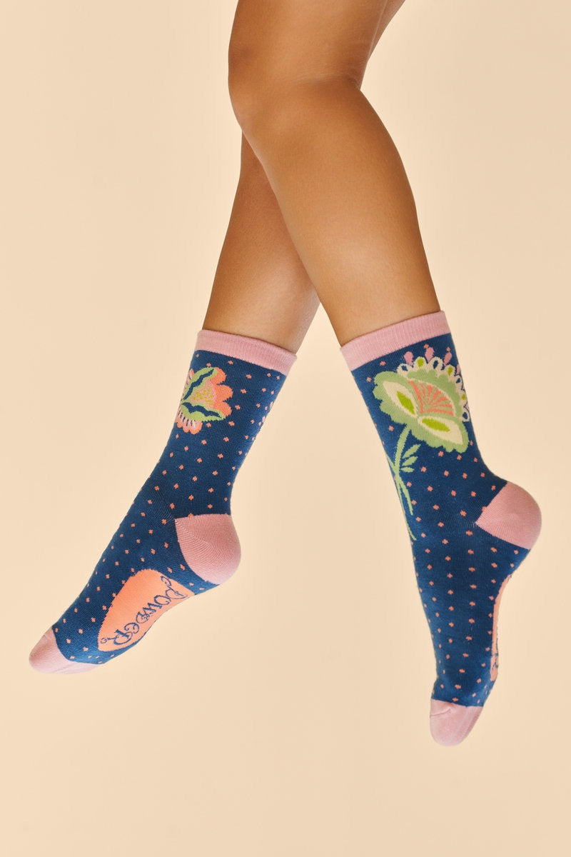 Powder Scandinavian Stems Floral Ladies Ankle Socks - Navy