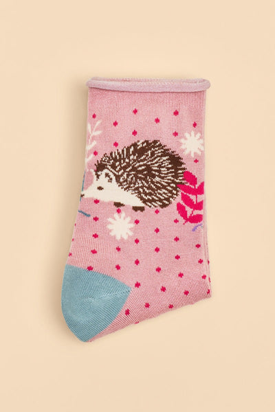 Powder Hedgehog Hunting in Leaves Ladies Ankle Socks - Petal Pink