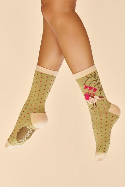 Powder Rosy Robin Ladies Ankle Socks - Sage Green