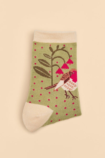 Powder Rosy Robin Ladies Ankle Socks - Sage Green