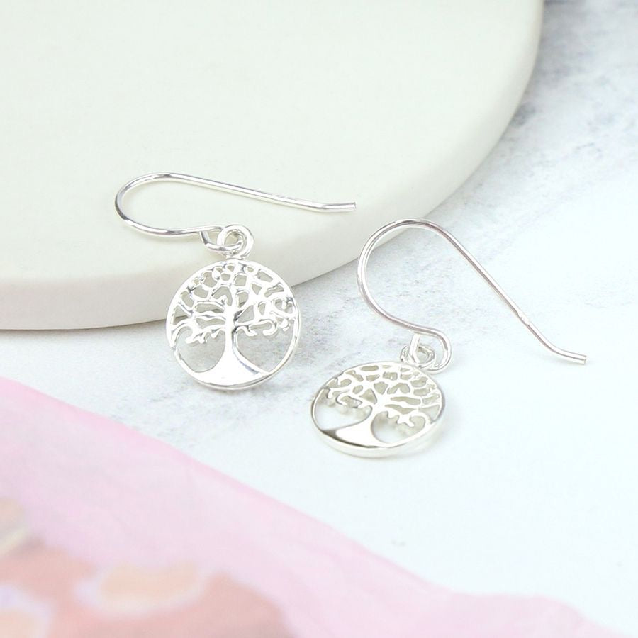 POM Sterling Silver Tree of Life Circle Drop Earrings