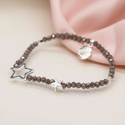 POM Grey Beaded Stretch Bracelet with Silver Plated Solid & Open Stars