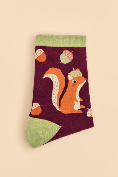 Powder Squirrel with Acorn Beret Ladies Ankle Socks - Burgundy