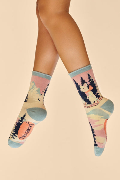 Powder Mouse on Skis Ladies Ankle Socks - Petal Pink