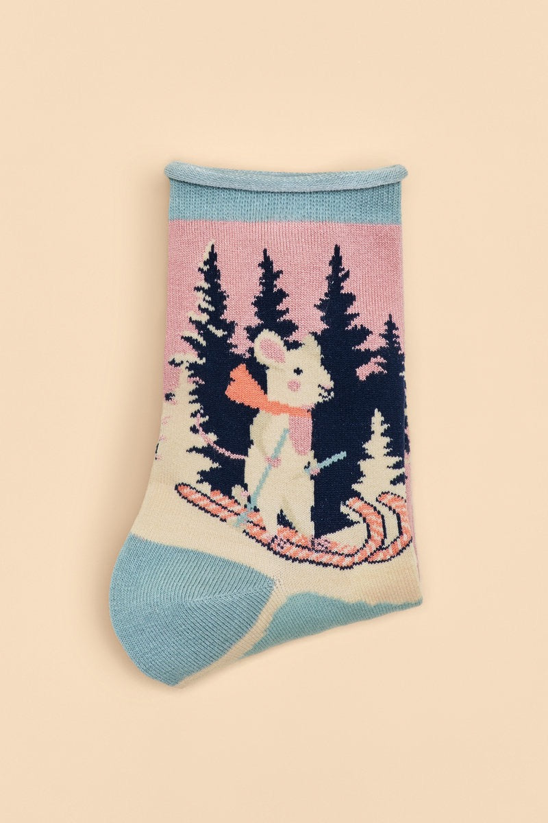 Powder Mouse on Skis Ladies Ankle Socks - Petal Pink