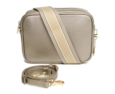 Alice Wheeler Bronze Soho Double Zipped Crossbody Bag with Stripe Bag Strap