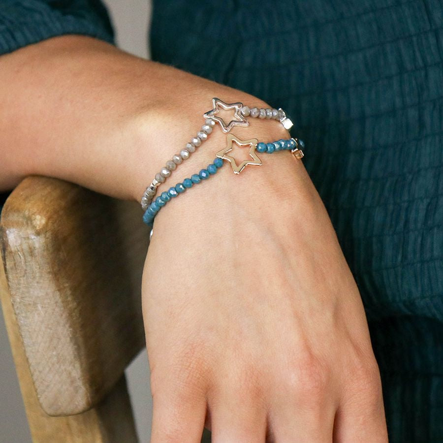 POM Grey Beaded Stretch Bracelet with Silver Plated Solid & Open Stars