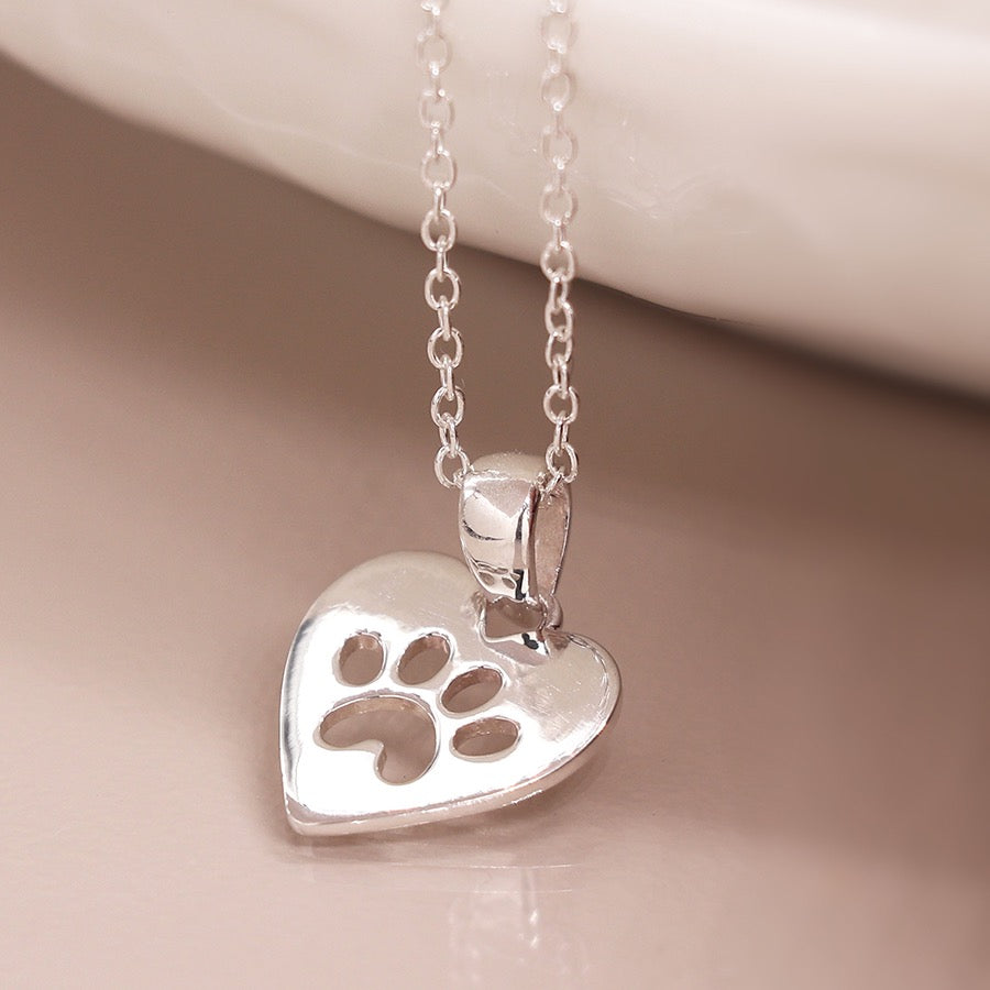 POM Sterling Silver Heart & Cut out Tiny Paw Print Pendant