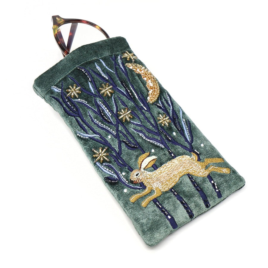 POM Midnight Green Velvet Leaping Hare Embroidered Glasses Case Pouch