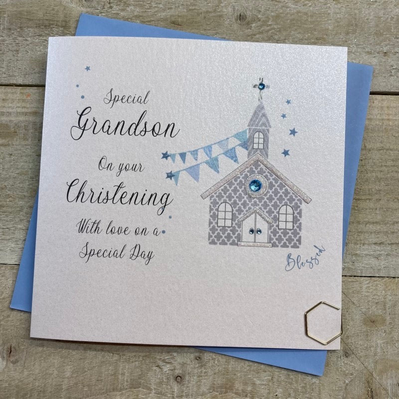Special Grandson Church Christening Day Card - White Cotton