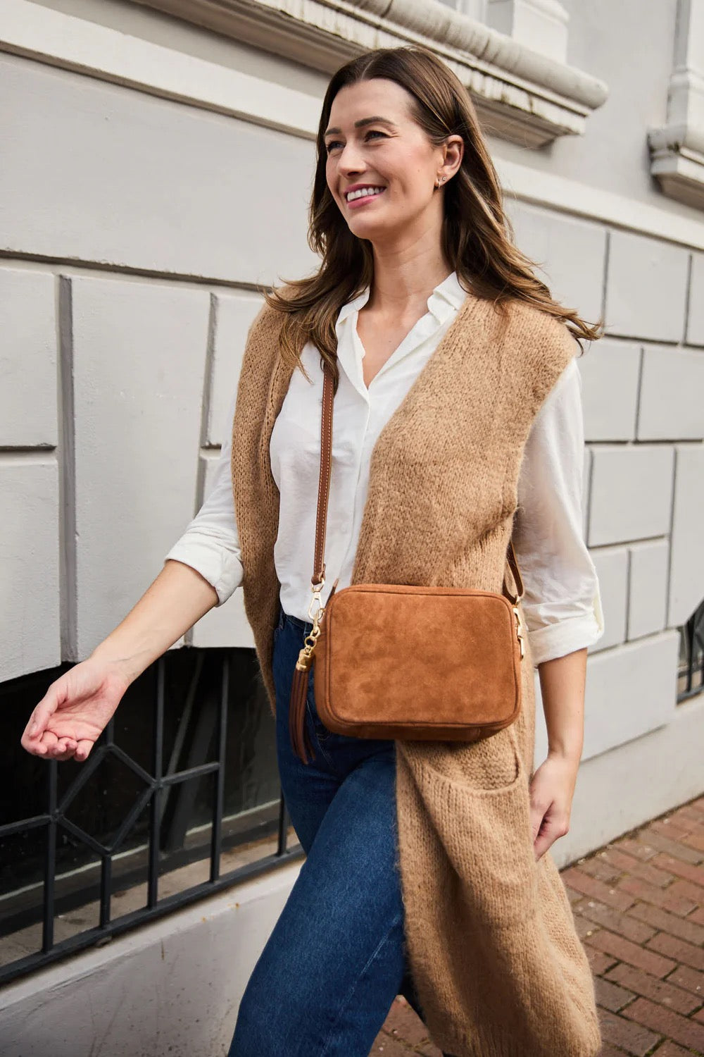 Elie Beaumont Designer Leather Crossbody Bag - SUEDE - Tan (GOLD Fittings)