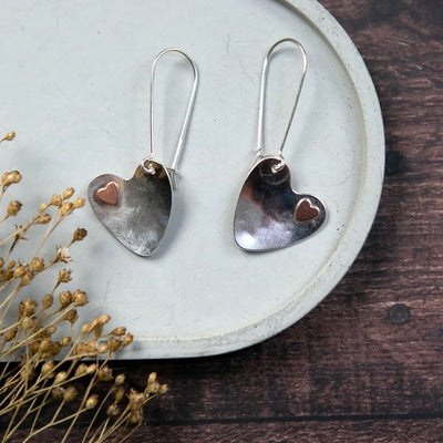 Sterling Silver Long Statement Earrings with Copper Inset Hearts - The Old Farmhouse Jewellery (Copy)