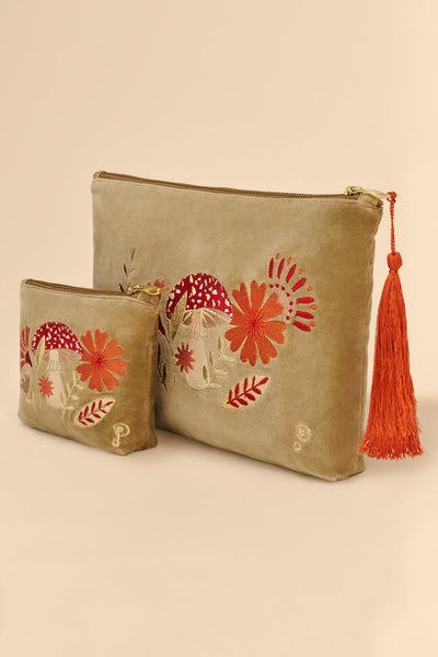 Powder Large Velvet Zip Pouch - Tranquil Toadstool - Sage