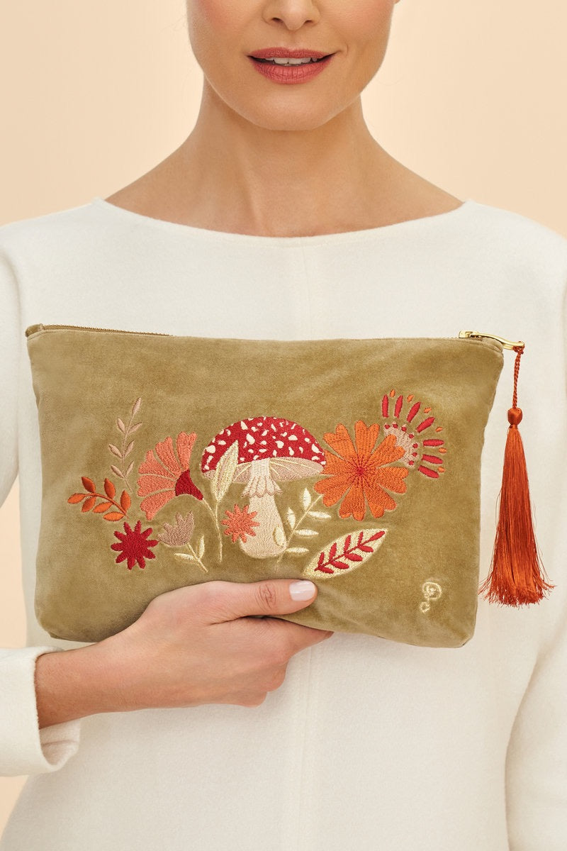 Powder Large Velvet Zip Pouch - Tranquil Toadstool - Sage