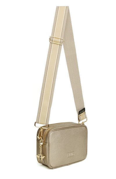 Alice Wheeler Bronze Soho Double Zipped Crossbody Bag with Stripe Bag Strap