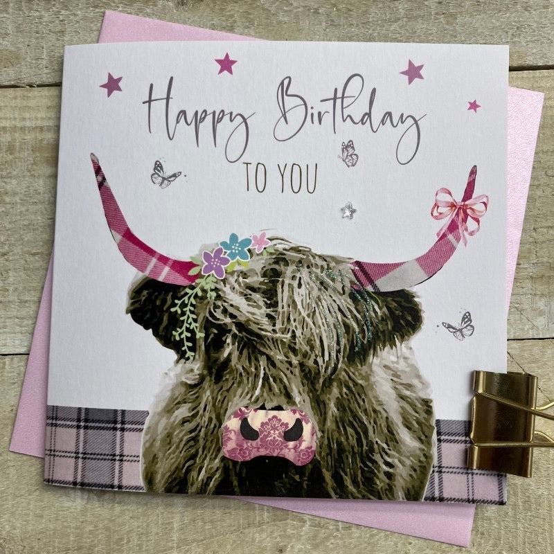 White Cotton Card - Happy Birthday To You - Highland Cow Blank Card