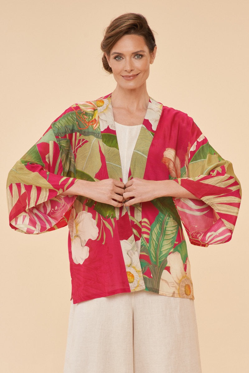 Powder Delicate Tropical Floral Kimono Jacket - Dark Rose
