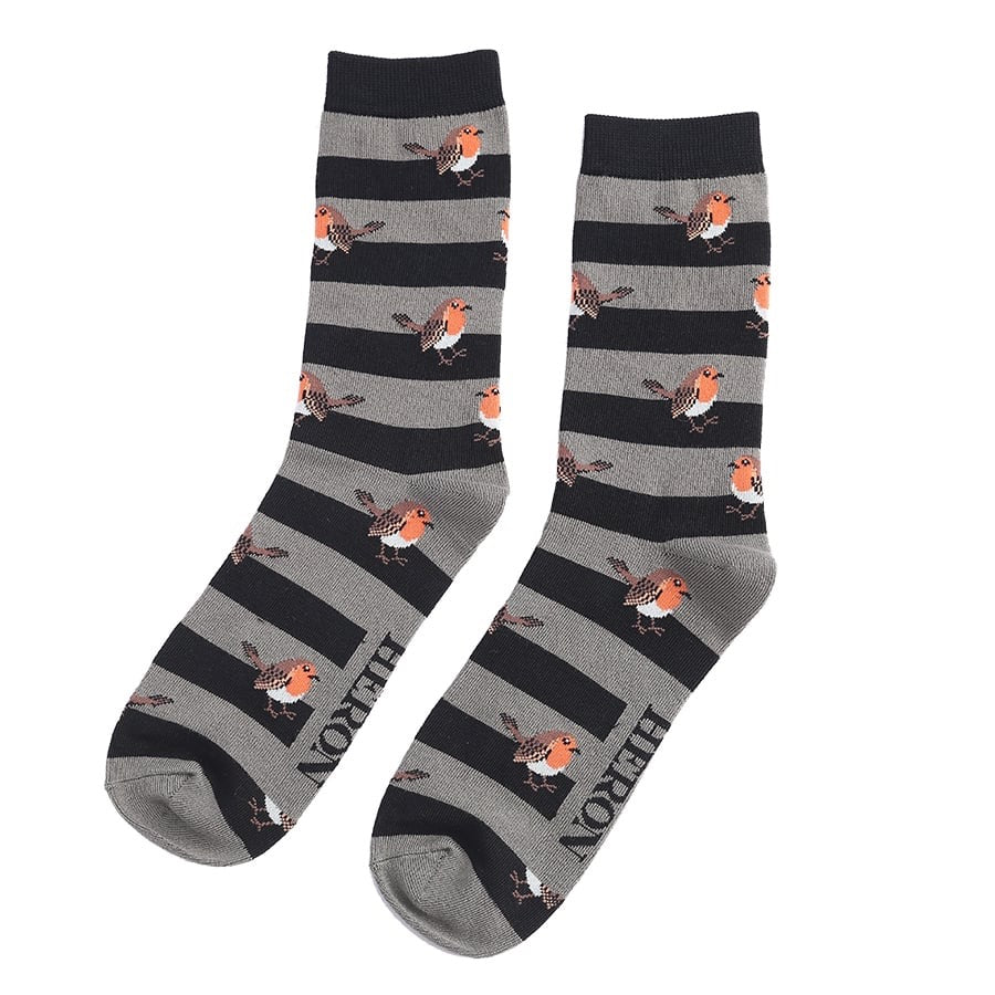 Mr Heron MENS Bamboo Ankle Socks - Robins & Stripes - Grey/Black