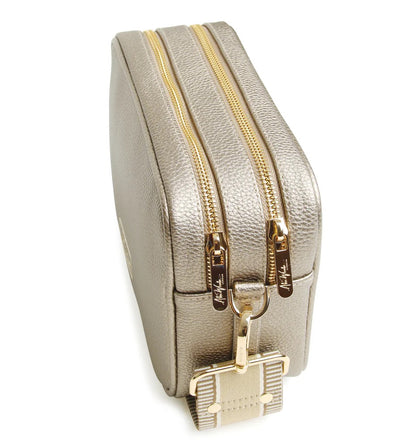 Alice Wheeler Bronze Soho Double Zipped Crossbody Bag with Stripe Bag Strap