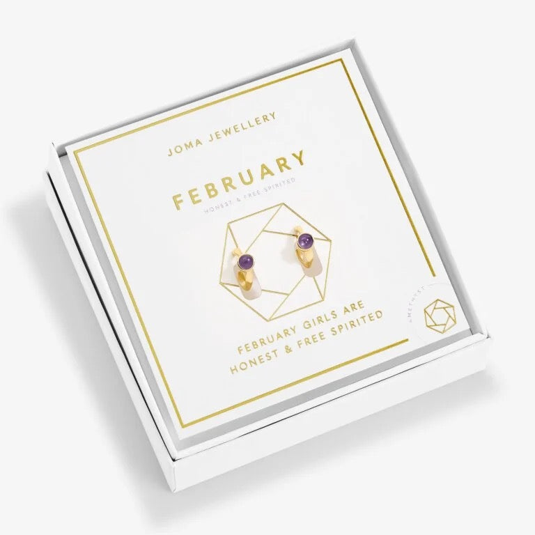 Joma Jewellery - ' February' Amethyst Birthstone Gold Huggie Hoop Earrings - Boxed