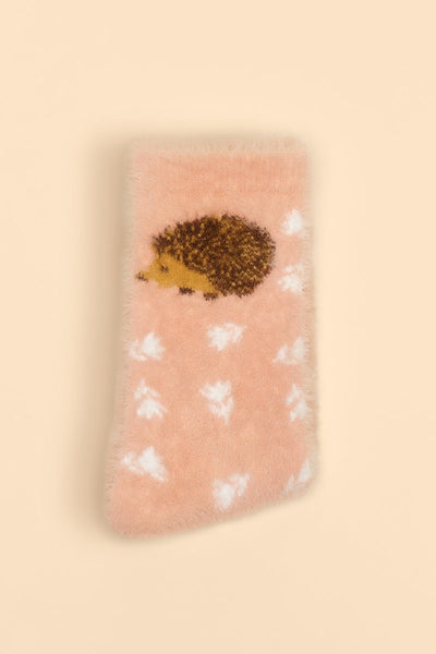 Powder Happy Hedgehog Fuzzy Cosy Slipper Socks - Petal Pink