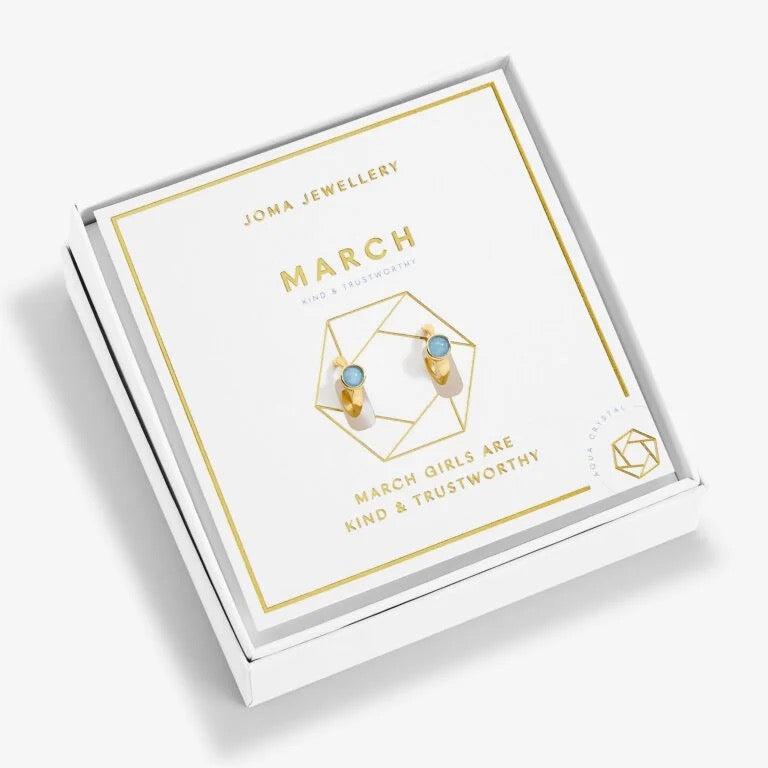 Joma Jewellery - ' March' Aqua Crystal Birthstone Gold Huggie Hoop Earrings - Boxed