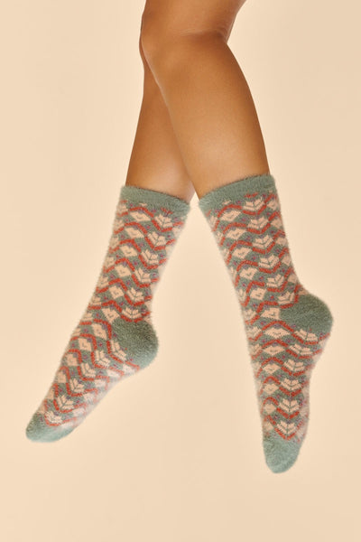 Powder Fair Isle Fuzzy Cosy Slipper Socks - Teal Blue