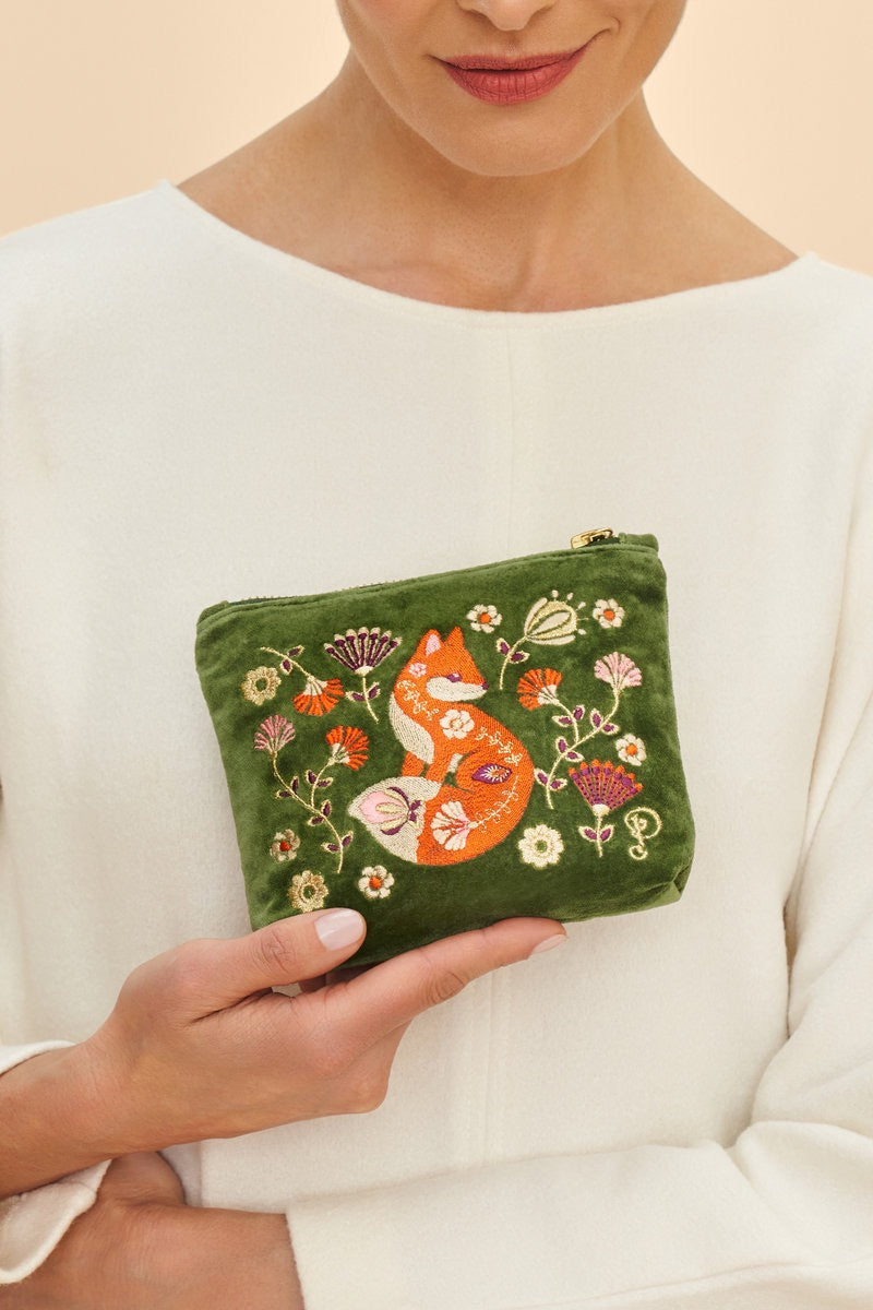 Powder Mini Velvet Zip Pouch - Scandinavian Fox - Moss Green