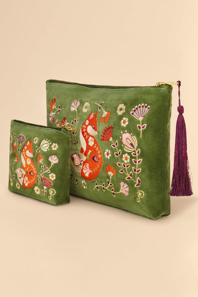 Powder Large Velvet Zip Pouch - Scandinavian Fox - Moss Green