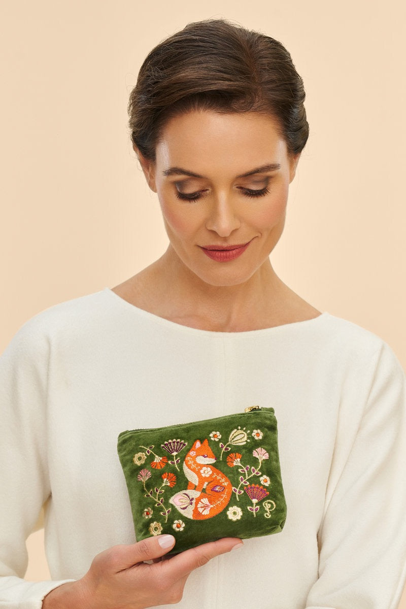 Powder Mini Velvet Zip Pouch - Scandinavian Fox - Moss Green