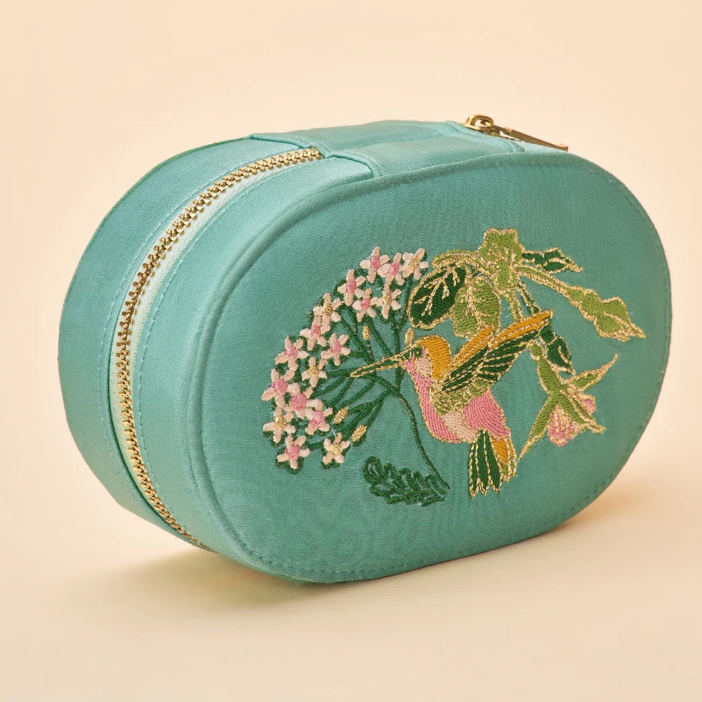 Powder Small Oval Velvet Jewellery Box - Hummingbird - Aqua
