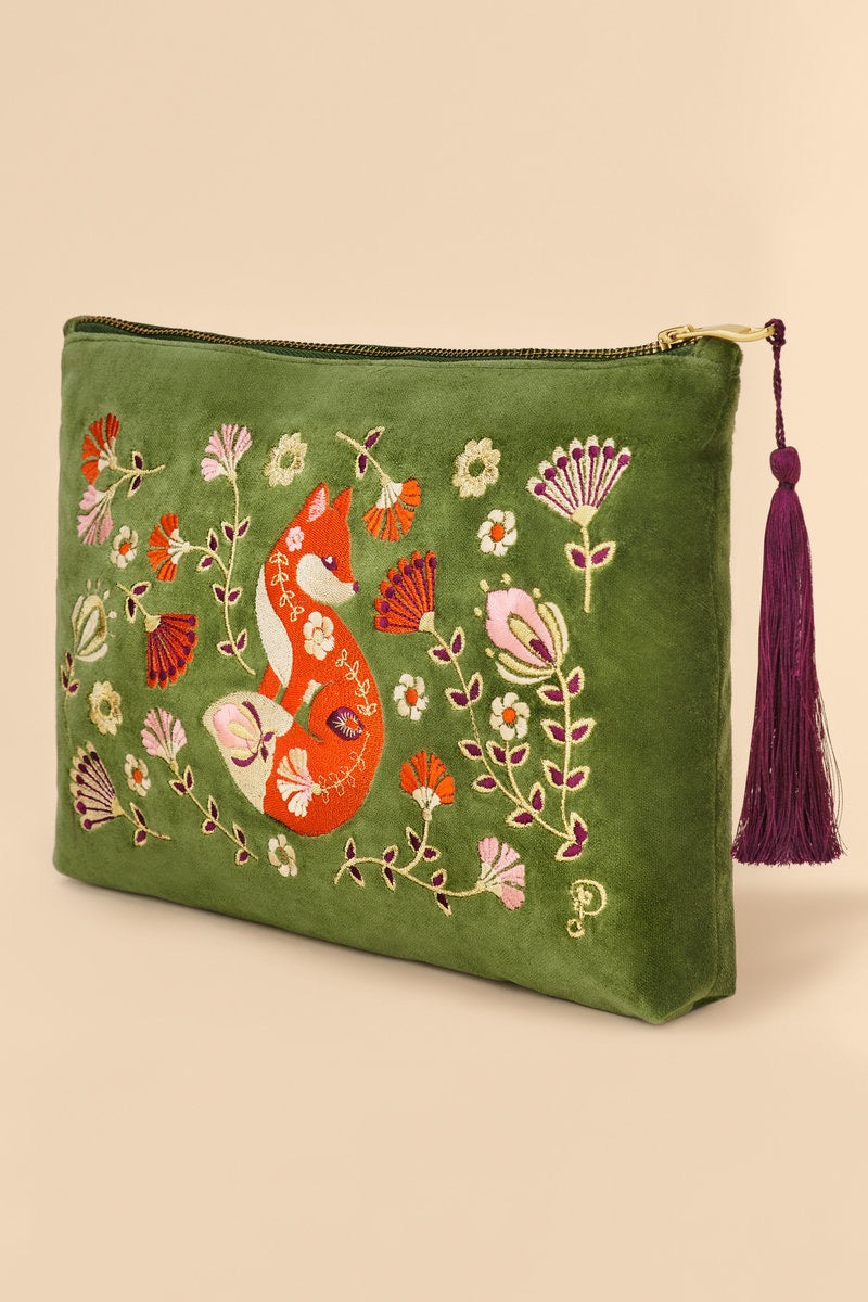 Powder Large Velvet Zip Pouch - Scandinavian Fox - Moss Green