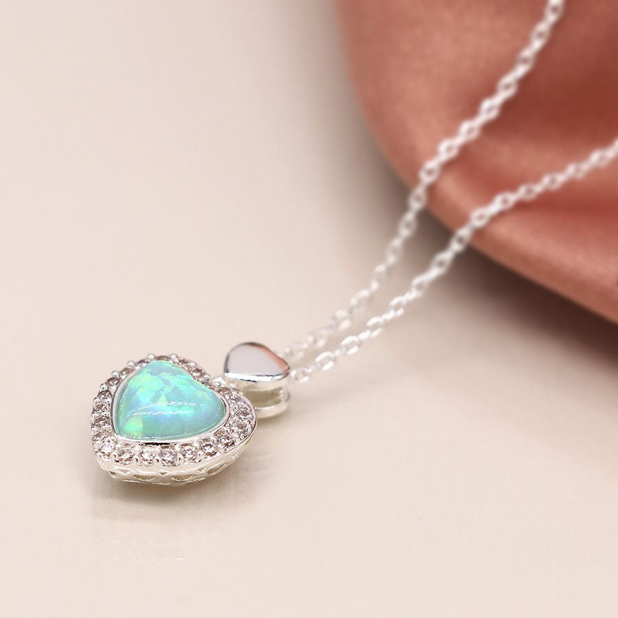 POM Silver Plated Blue Opal Heart Necklace with Crystal Border