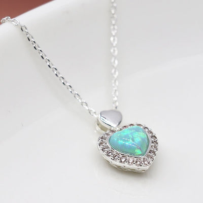 POM Silver Plated Blue Opal Heart Necklace with Crystal Border