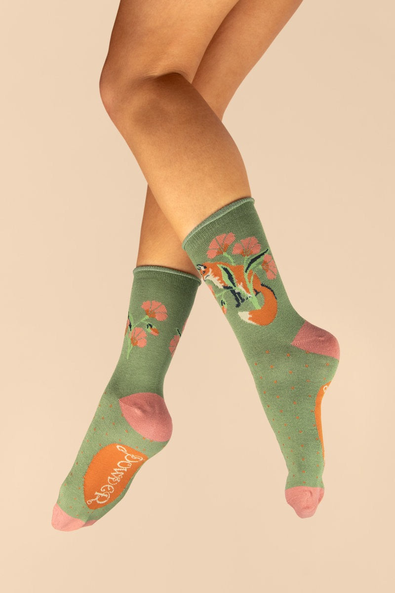 Powder Fox in a Meadow Ladies Bamboo Ankle Socks -Sage