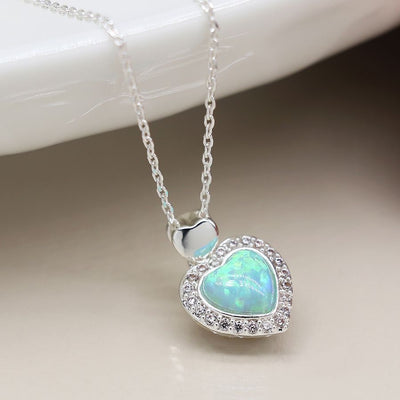 POM Silver Plated Blue Opal Heart Necklace with Crystal Border