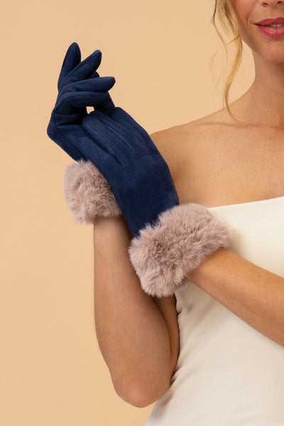 Powder Bettina Faux Fur & Suede Gloves - Navy Blue/Taupe