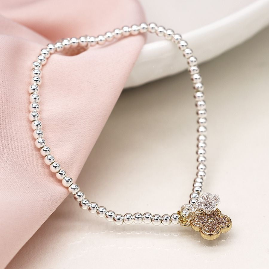 POM Silver Plated Silver Stretch Bracelet with Quatrefoil Gold & Silver Charms