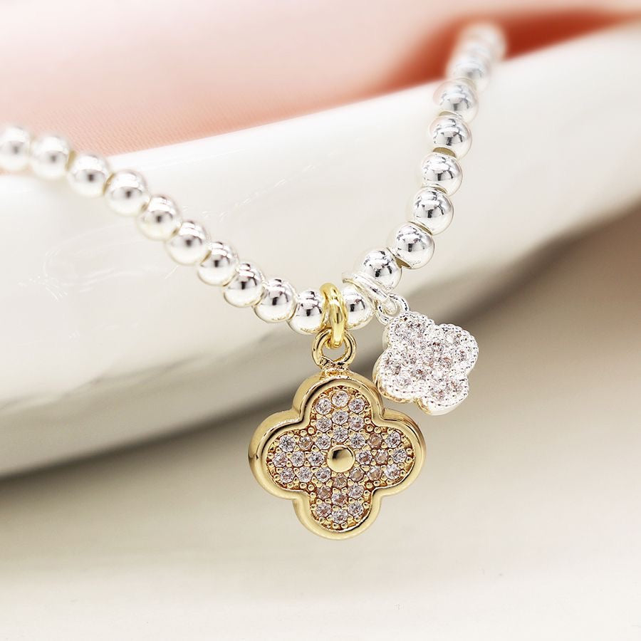 POM Silver Plated Silver Stretch Bracelet with Quatrefoil Gold & Silver Charms