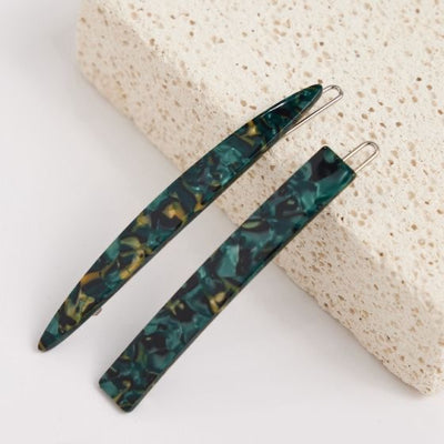 Red Cuckoo Green Marble Slim Duo Clips - Set of 2 Hair Clips