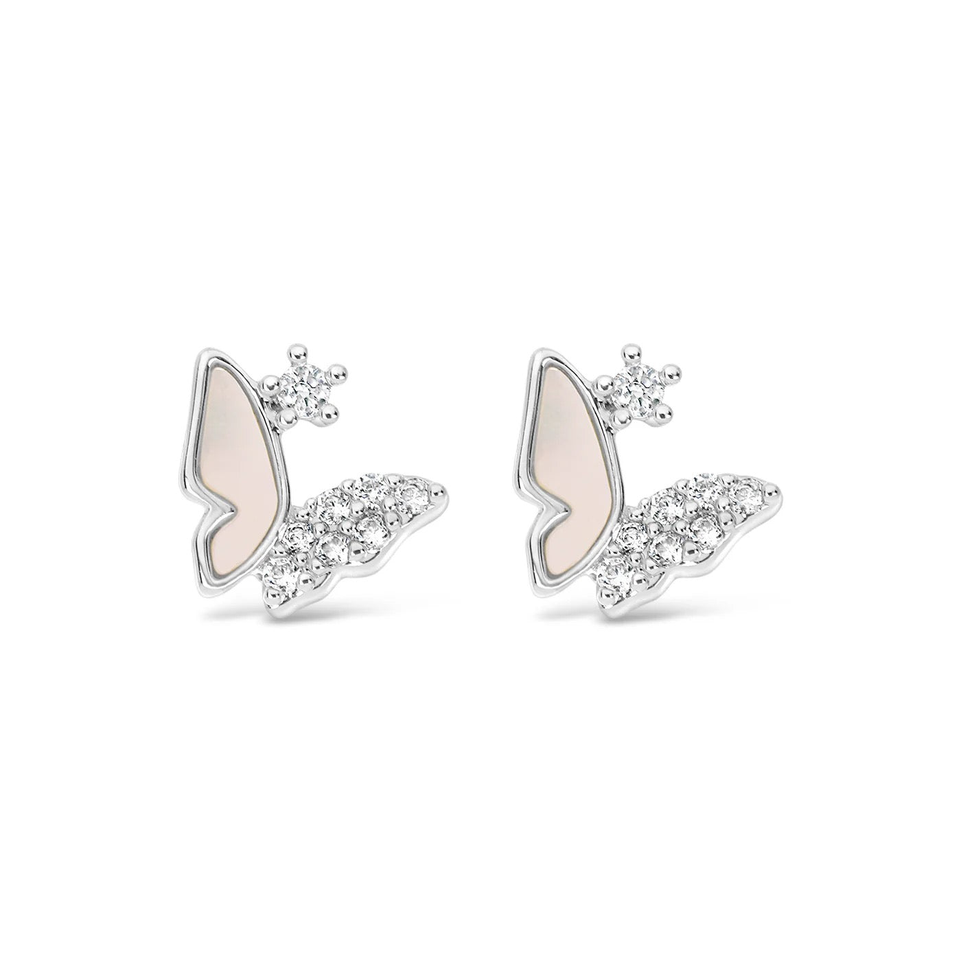 Lanes - Mother of Pearl &amp; Crystal Butterfly - Boxed Stud Earrings - Silver