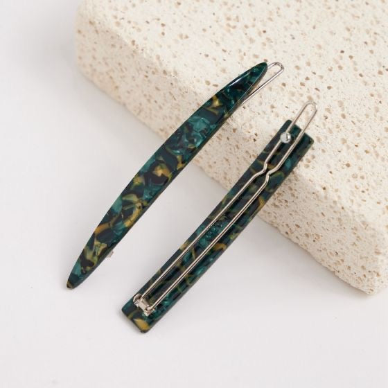 Red Cuckoo Green Marble Slim Duo Clips - Set of 2 Hair Clips