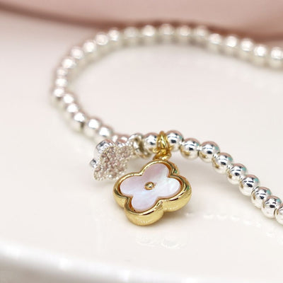 POM Silver Plated Silver Stretch Bracelet with Quatrefoil Gold & Silver Charms