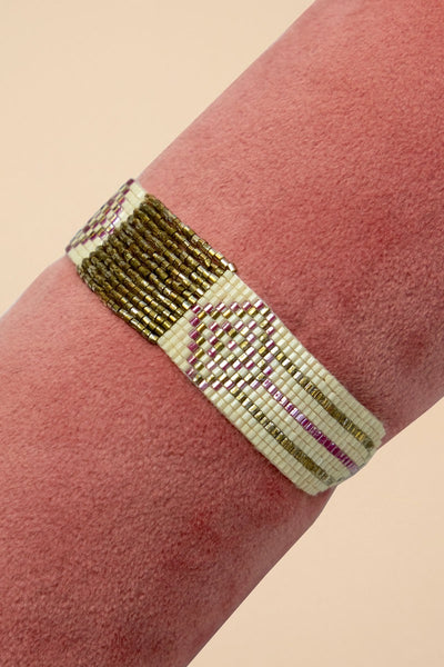 Powder Adjustable Boho Bracelet - Medium - Pink Diamonds/Gold Bar